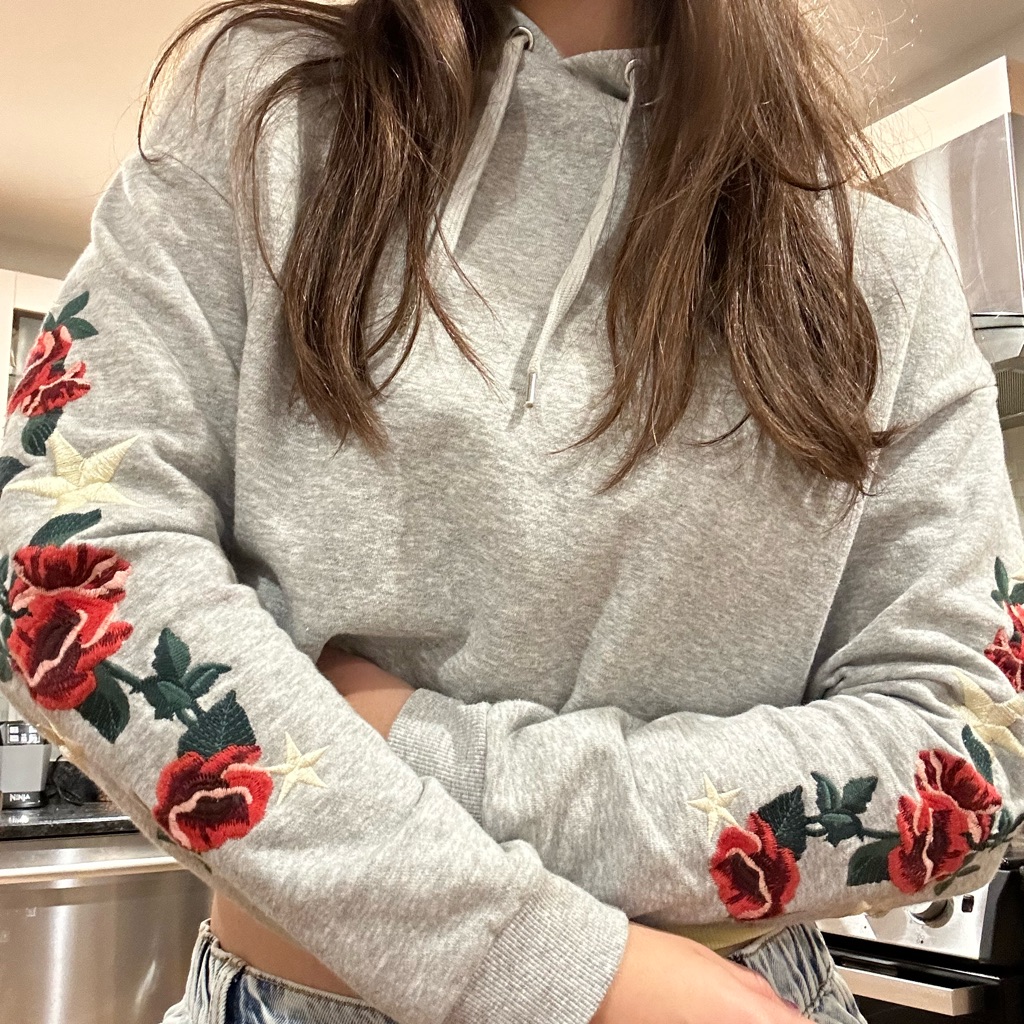 Rose Embroidered Cropped Grey Hoodie